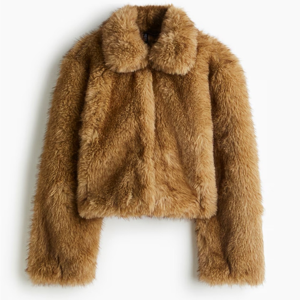 NWT H&M Divided Cropped Fluffy jacket faux fur coat small beige